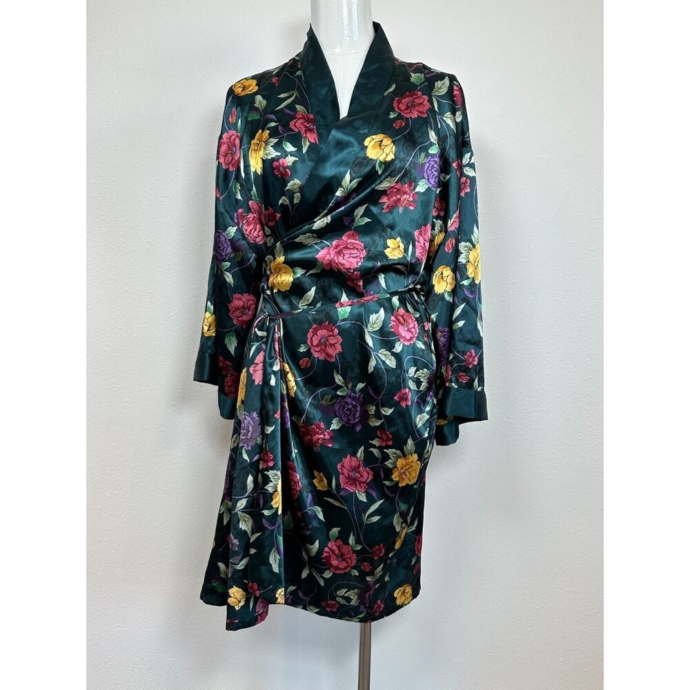 Vintage Amanda Stewart Floral Satin Robe Green Wrap Dress M Hong Kong 70's 80's